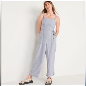 Old Navy blue and white striped linen tie front jumpsuit